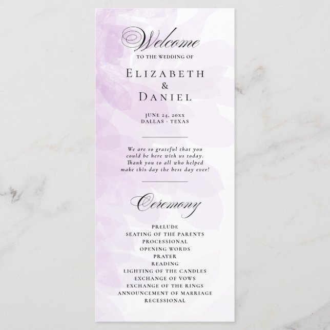 Formal Purple Watercolor Wedding Program Programme (Front)