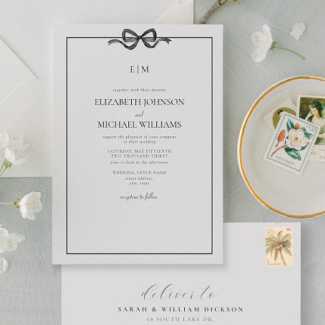 Formal QR Code Black & White Bow Monogram Invitation (Elegant Union: Join Us in Celebrating Love and Commitment)