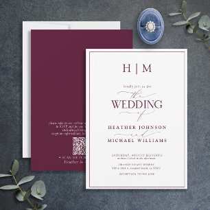 Formal QR Code Burgundy Monogram Script Wedding Invitation