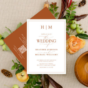 Formal QR Code Burnt Orange Monogram Wedding Invitation