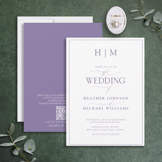 Formal QR Code Lavender Monogram Script Wedding Invitation (Creator Uploaded)