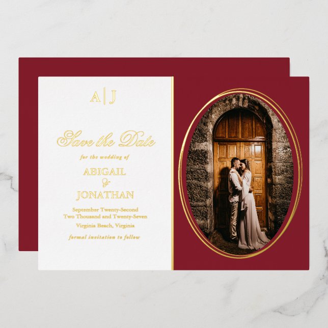 Formal Red, Gold Photo Wedding Save the Date (Front/Back)