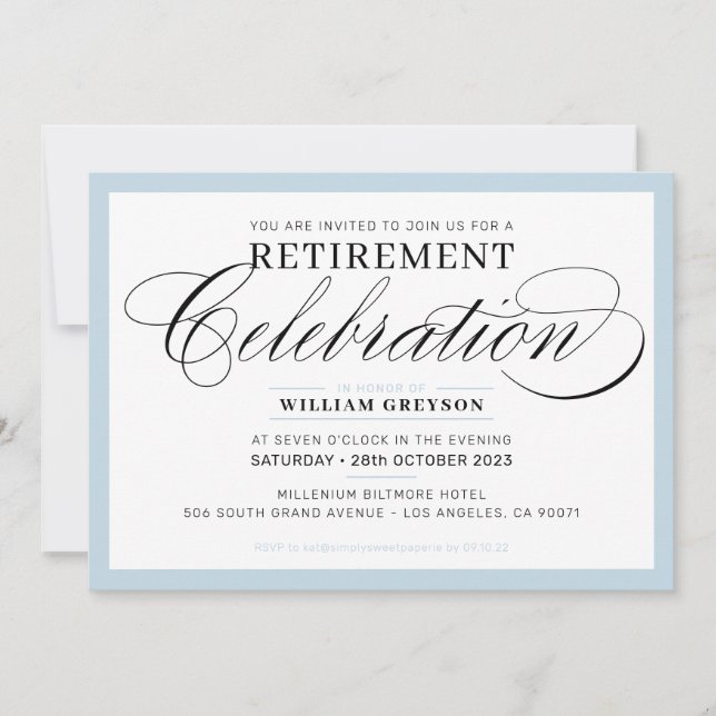 FORMAL RETIREMENT PARTY modern fancy pale blue Invitation (Front)