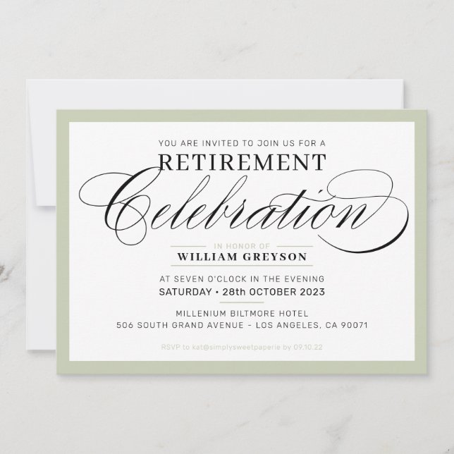 FORMAL RETIREMENT PARTY modern fancy sage green Invitation (Front)
