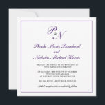 Formal Royal Purple Monogram Square Wedding Invitation<br><div class="desc">Traditional and classy square wedding invitation featuring a simple design with your two initial monogram and your names in an elegant royal purple calligraphy inside of a thin border.  The backside is solid purple.  This classic design is perfect for a formal wedding in the fall / autumn.</div>