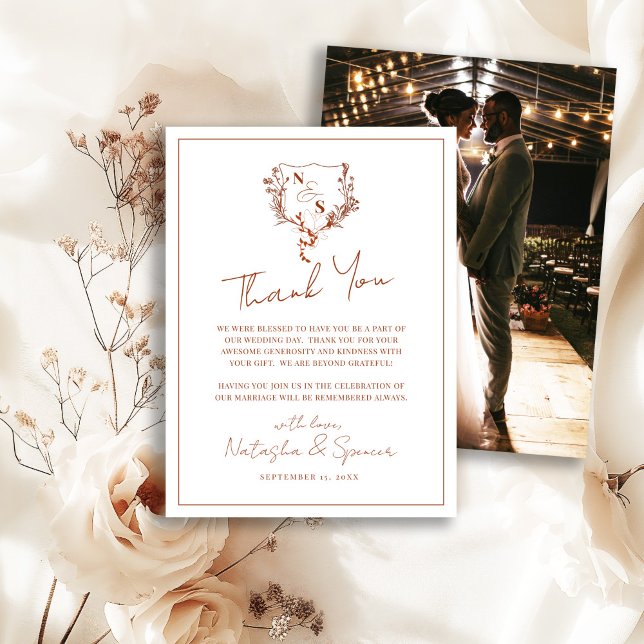 Formal Rustic Floral Crest Monogram Wedding  Thank You Card (Creator Uploaded)