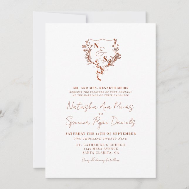 Formal Rustic Floral Crest Monogrammed Wedding Invitation (Front)