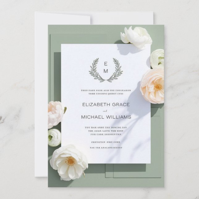 Formal Sage Green Leafy Crest Monogram Wedding Inv Invitation (Front)