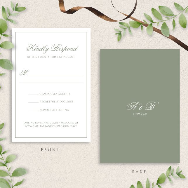 Formal Sage Green Monogram Script Border Wedding RSVP Card (Creator Uploaded)