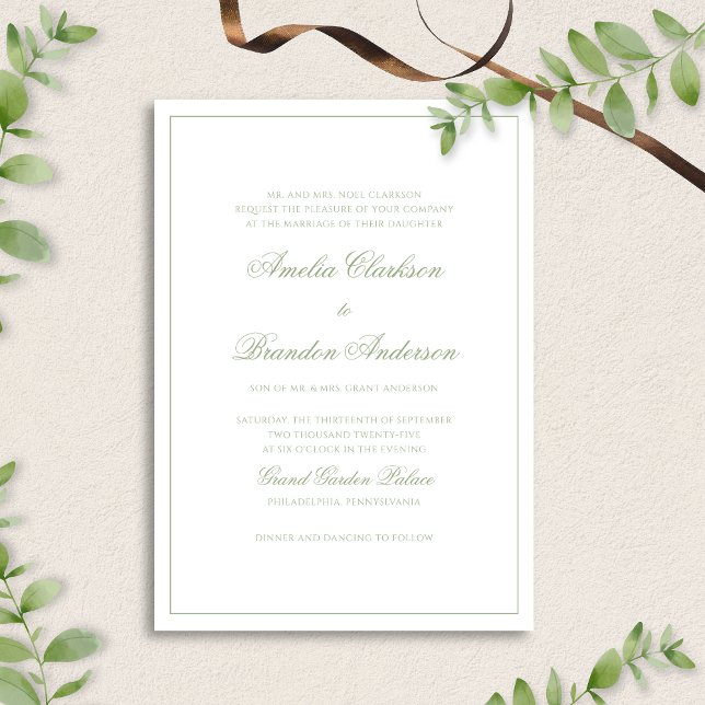 Formal Sage Green & White Border Script Wedding Invitation (Creator Uploaded)