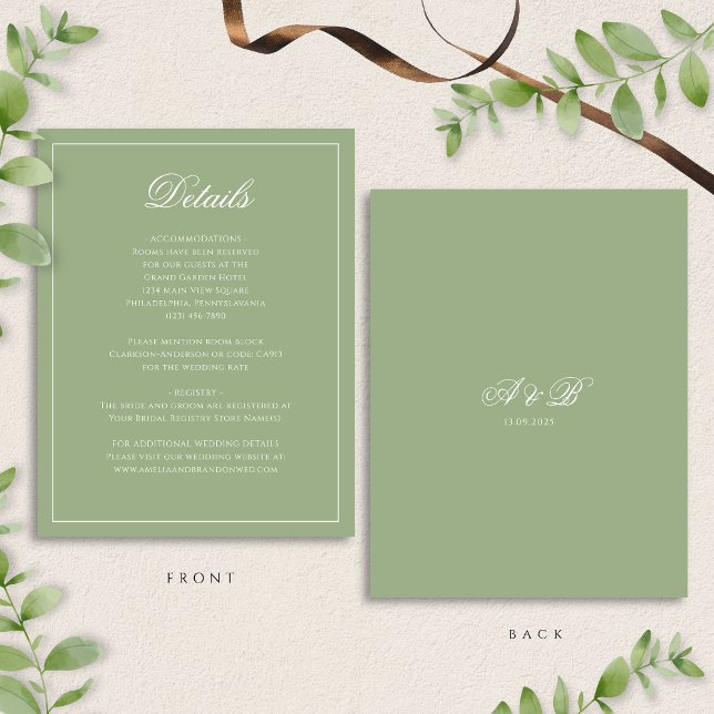 Formal Sage Green & White Monogram Wedding Details Enclosure Card (Creator Uploaded)
