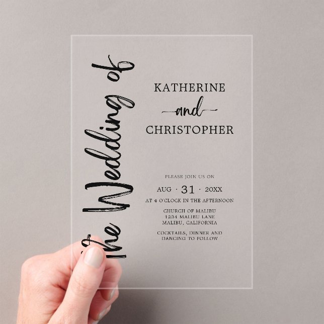 Formal Script Black White Elegant Wedding Clear Acrylic Invitations (Insitu (Handheld))