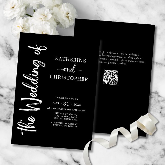 Formal Script Black White Elegant Wedding Invitation (Elegant Bold Script Black & White Wedding Invitation with vertical calligraphy, QR code.)