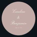 Formal Script Elegant Wedding Custom Dusty Mauve Classic Round Sticker<br><div class="desc">Add a sophisticated touch to your wedding favours or stationery with this Stylish Formal Classic Traditional Script Wedding Invitation Custom Classic Round Sticker. Featuring a dusty mauve background with elegant white script, this timeless design exudes formal elegance and grace. Perfect for sealing envelopes or adding a personal detail to your...</div>