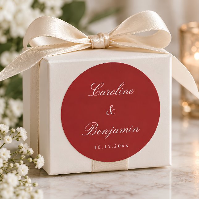 Formal Script Elegant Wedding Custom Red Classic Round Sticker (Creator Uploaded)