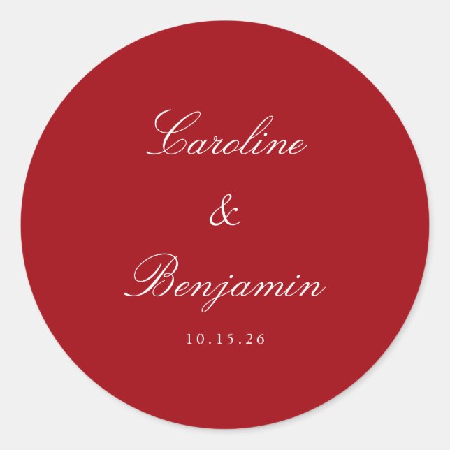 Formal Script Elegant Wedding Custom Red Classic Round Sticker (Front)