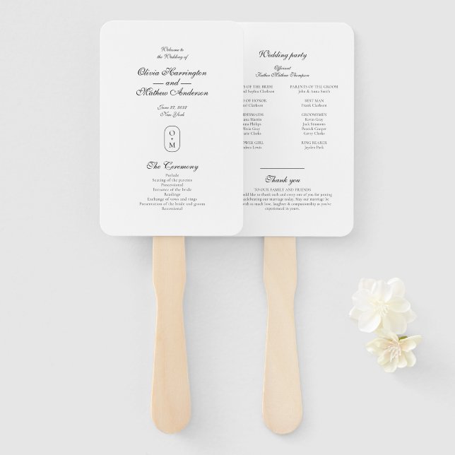Formal Script Geometric Monogram Wedding Program Hand Fan (Front and Back)
