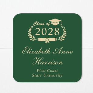 Formal Script Green Gold Graduation Square Sticker