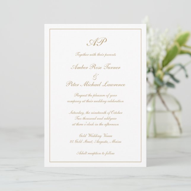 Formal Script Monogram Gold Elegant Wedding Invitation (Standing Front)
