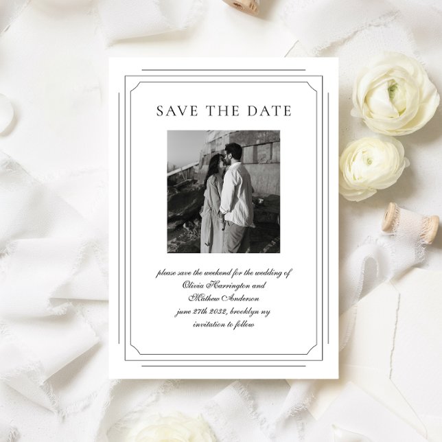 Formal Script w/ Geometric Frame Photo Wedding Save The Date (Creator Uploaded)
