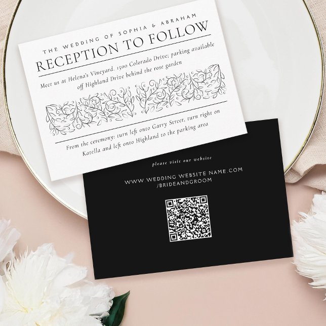 Formal Scrolling Leaves Black White Reception Enclosure Card (Creator Uploaded)
