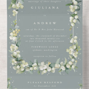 Formal Seafoam Snowberry+Eucalyptus Winter Wedding All In One Invitation