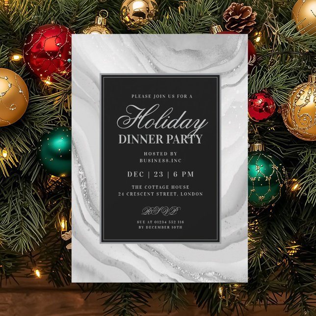 Formal Silver Glam FAUX Marble Holiday Dinner  Invitation (Formal Silver Glam FAUX Marble Holiday Dinner Invitation)
