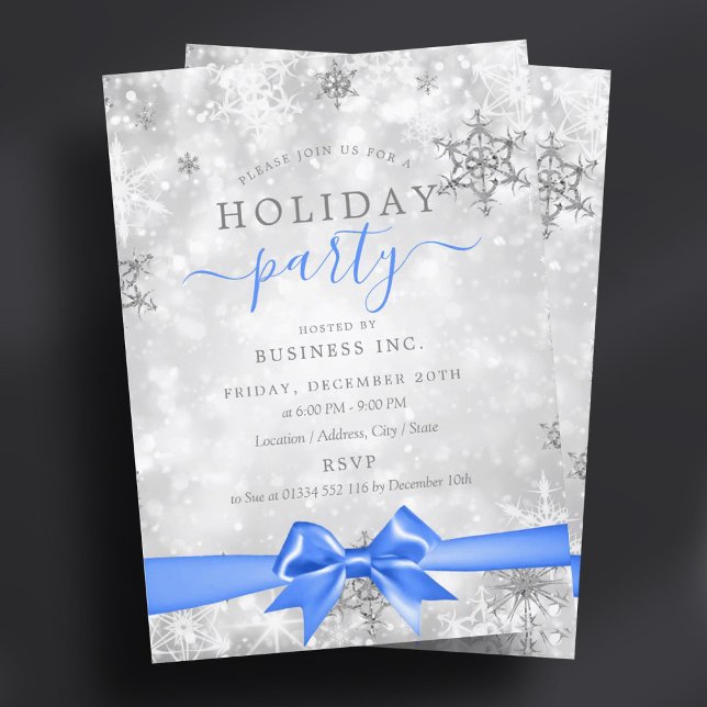Formal Silver Ribbon Corporate Holiday Party Blue  Invitation (Formal Silver Ribbon Corporate Holiday Party Blue Invitation)