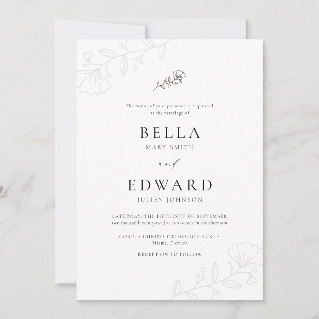 Formal Simple Black White Floral Wedding Invitation (Front)