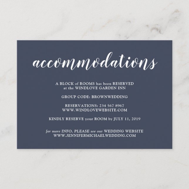 Formal Simple Navy Wedding Accommodations Enclosure Card (Front)
