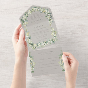 Formal Taupe/Greige Snowberry+Eucalyptus Wedding All In One Invitation