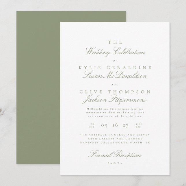 Formal Traditional Classic Sage Green Wedding Invitation (Front/Back)