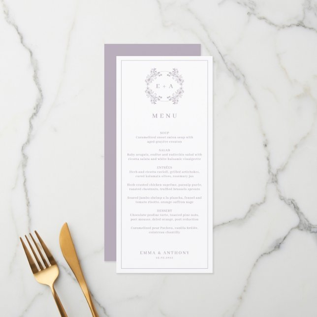 Formal Vintage Lavender Monogram Wedding Menu (Front/Back In Situ)