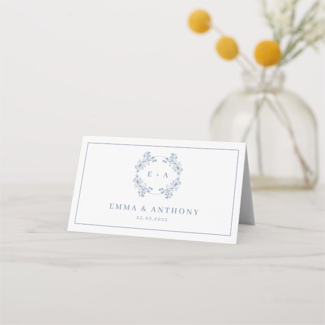 Formal Vintage Periwinkle Monogram Wedding Place Card (Back)
