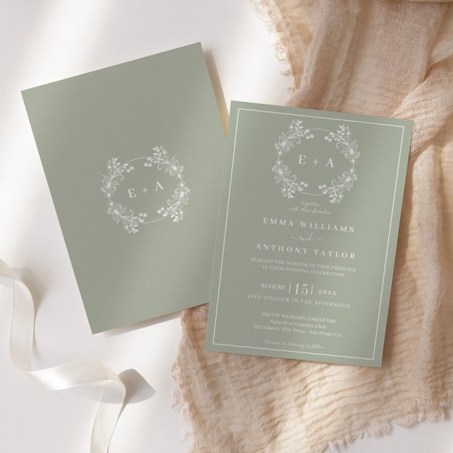 Formal Vintage Sage Green Monogram Wedding  Invitation (Creator Uploaded)