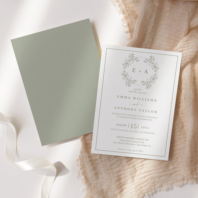 Formal Vintage Sage Green Monogram Wedding  Invitation (Creator Uploaded)