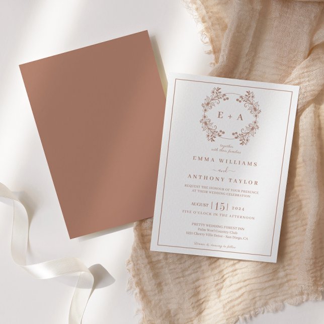 Formal Vintage Terracota Monogram Wedding  Invitation (Creator Uploaded)