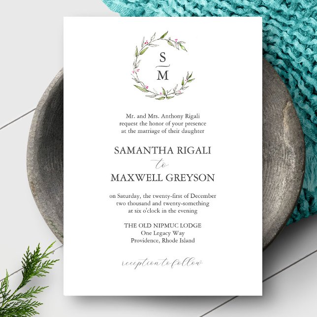 Formal Wedding Invitations Botanical Initials (Formal wedding invitation features initials encircled by botanical art by Victoria Grigaliunas)