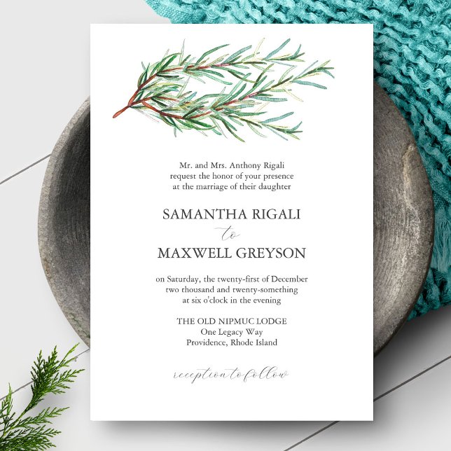 Formal Wedding Invitations Rustic Botanicals (micro wedding invitation features flat lay of a rosemary wedding invite in watercolor)