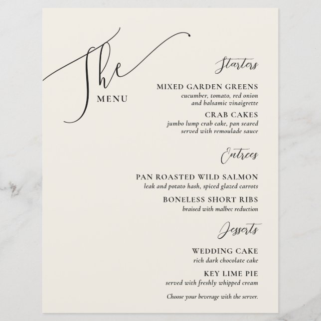 Formal Wedding Menu Elegant Bone Black (Front)