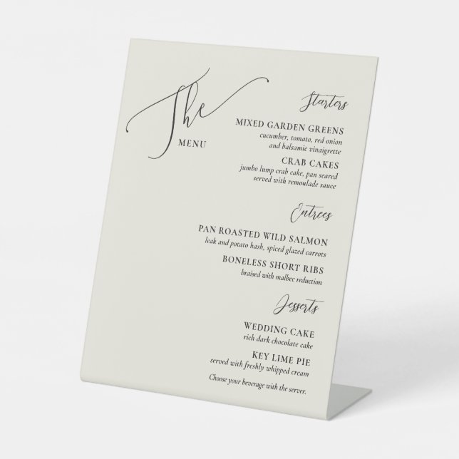 Formal Wedding Menu Elegant Bone Black Pedestal Sign (Front)