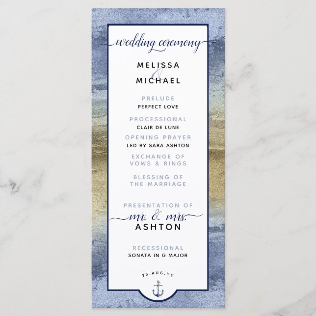 Formal #Wedding Modern #Nautical Dusty Blue & Gold Programme (Front)