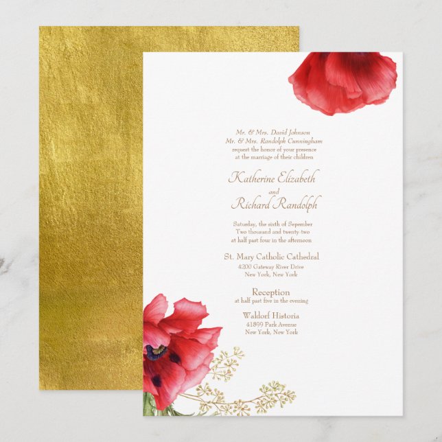 Formal Wedding Red Floral & Metallic Gold  Invitation (Front/Back)