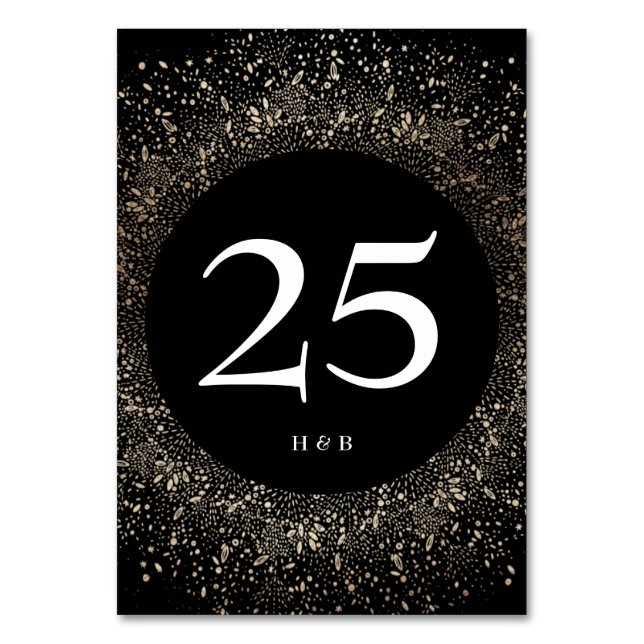 Formal Whimsical Hand Drawn Black and Gold Wedding Table Number (Front)