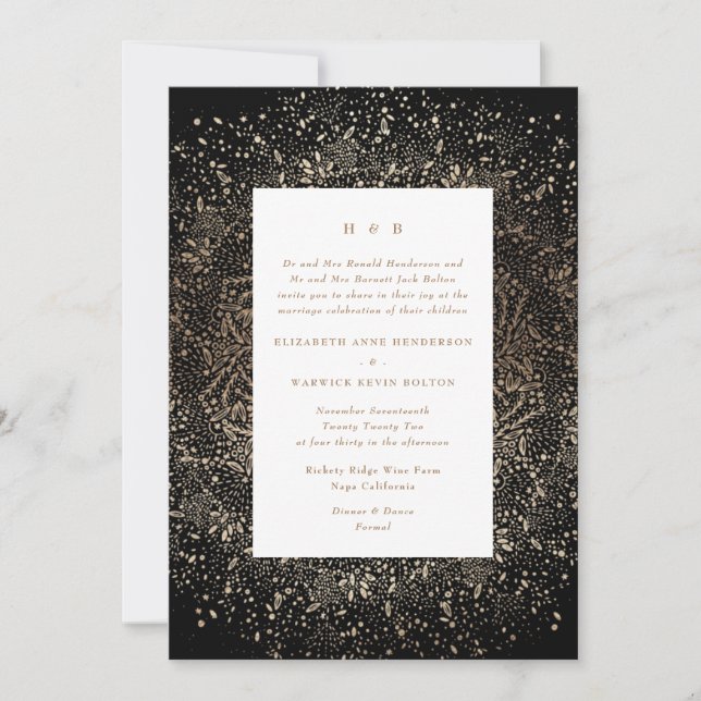 Formal Whimsical Hand Drawn Gold on Gold Wedding Invitation (Front)