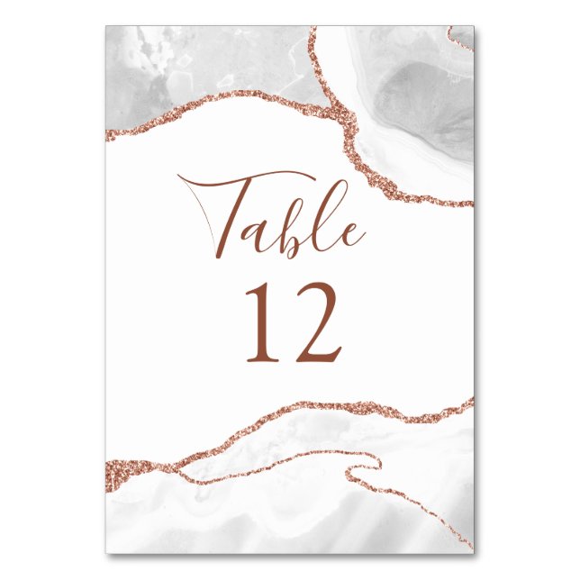 Formal White Agate Rose Gold Glitter Table Card (Front)