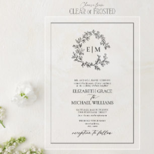 Formal White Black Leafy Crest Monogram Wedding Acrylic Invitations
