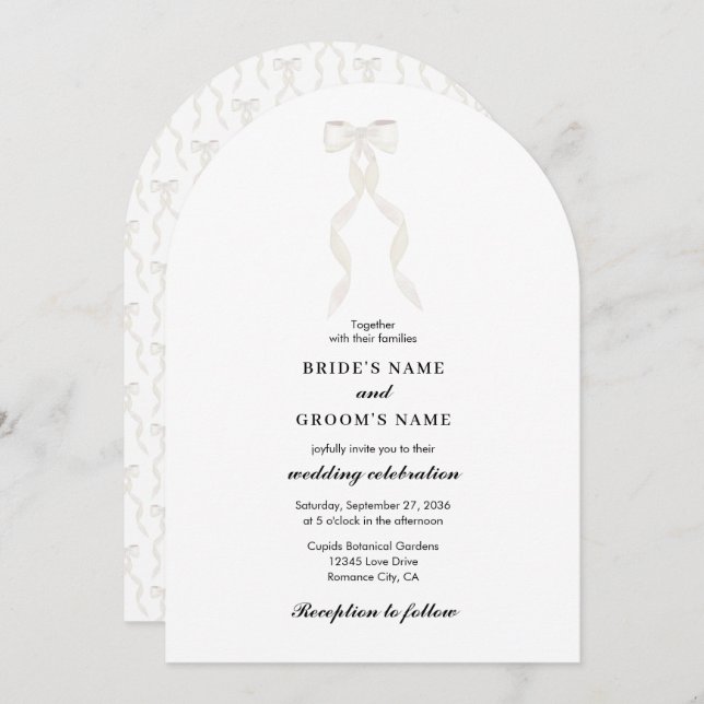 Formal White Bow Ribbon Elegant Wedding Arch Invitation (Front/Back)