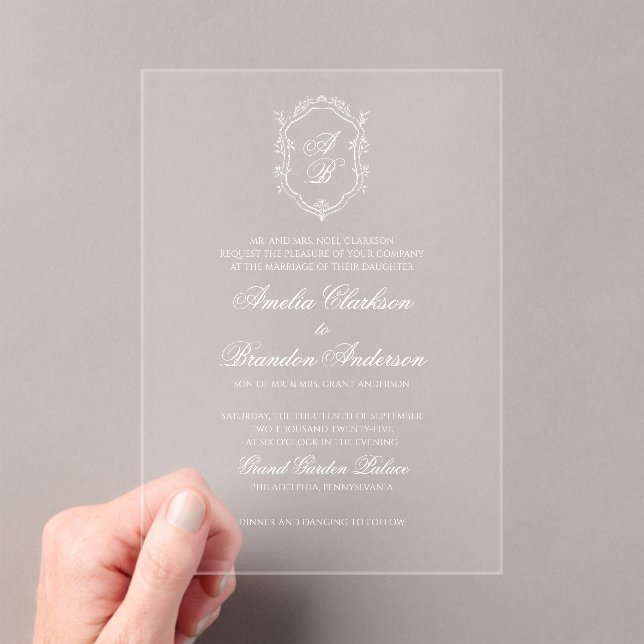 Formal White Floral Monogram Crest Wedding Acrylic Invitations (Insitu (Handheld))