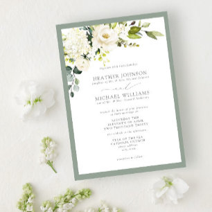 Formal White Grey Green Floral Watercolor Wedding Invitation